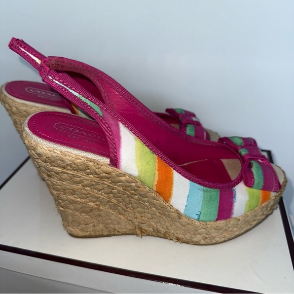Coach Poppy Grace Watcol Multicolor Wedge Straw Collection Sandals 9 Medium - Picture 6 of 15